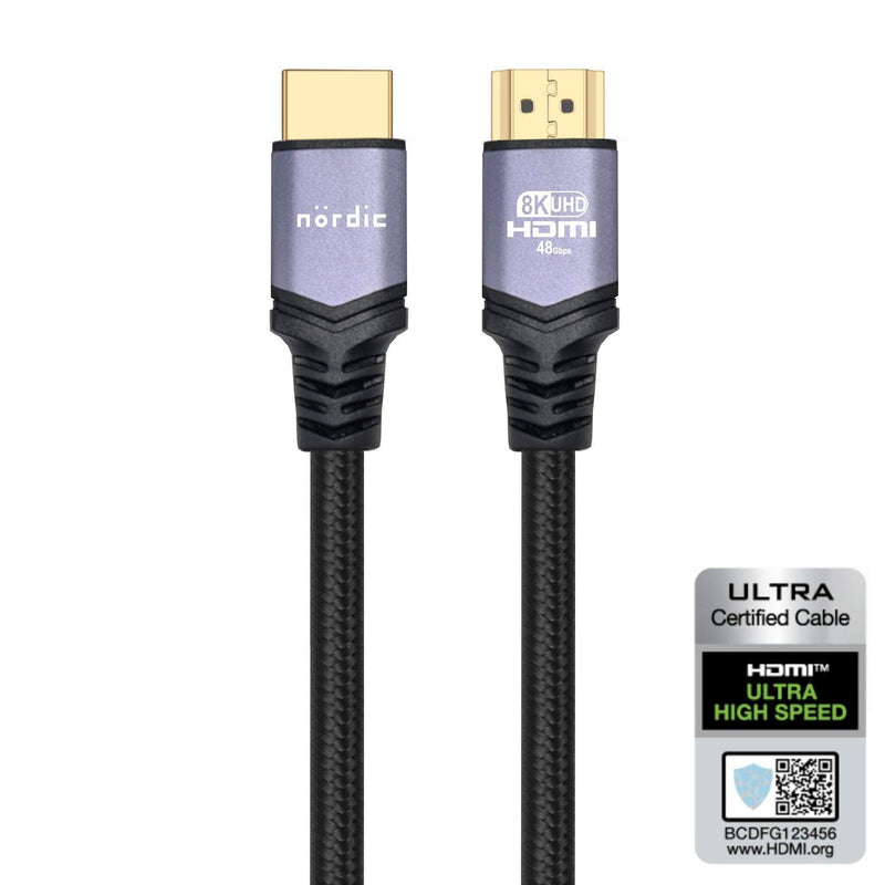 NÖRDIC CERTIFIED CABLES 5m Ultra High Speed HDMI 2.1 8K 60Hz 4K 120Hz 48Gbps Dynamic HDR eARC VRR nylonflätad kabel guldpläterad