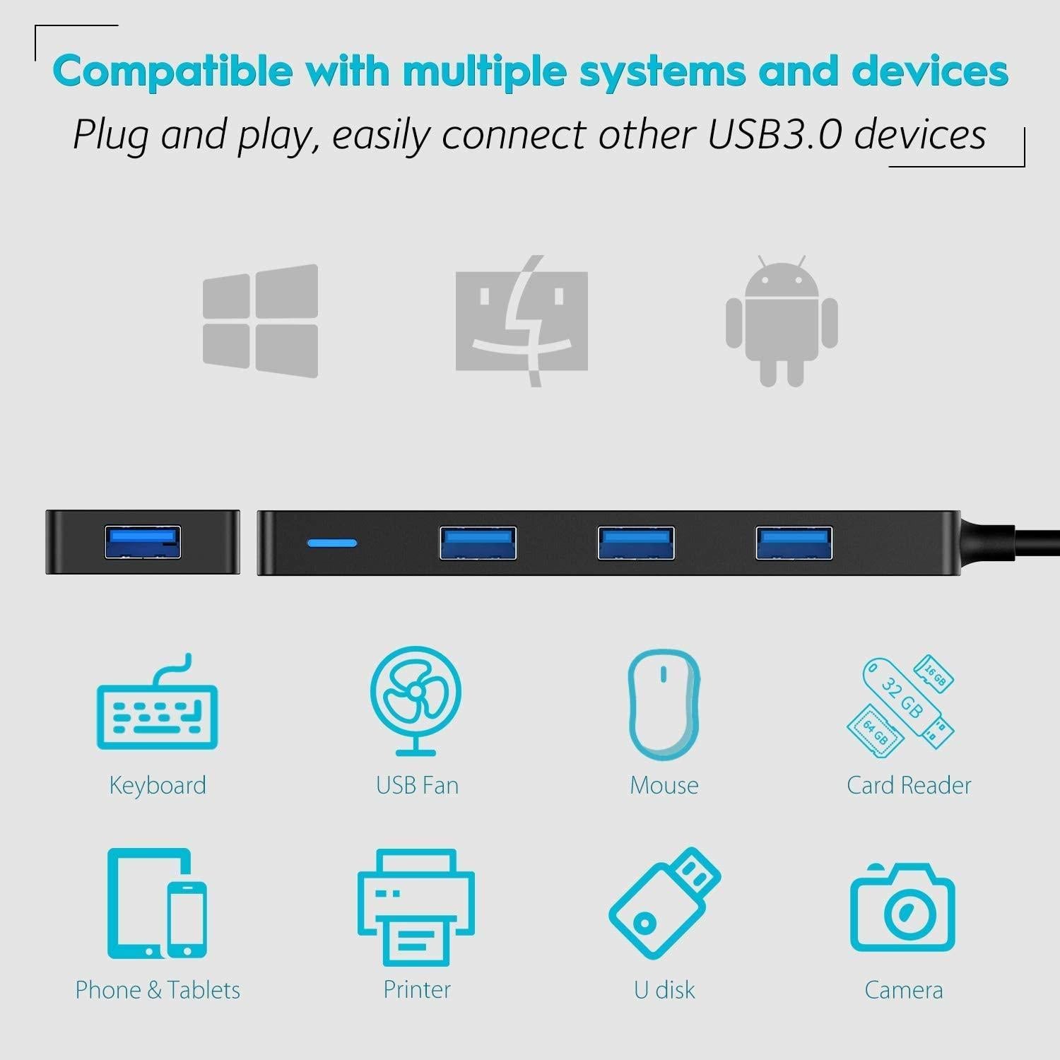 NÖRDIC C USB 3.1 Hub 5Gbps 4PORT 17cm kabel sort