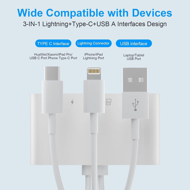 NÖRDIC kortlæser Lightning + USB-C + USB-A til SD, TF/microSD, USB-A, AUX og strømforsyning