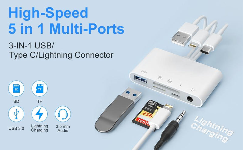 NÖRDIC kortlæser Lightning + USB-C + USB-A til SD, TF/microSD, USB-A, AUX og strømforsyning