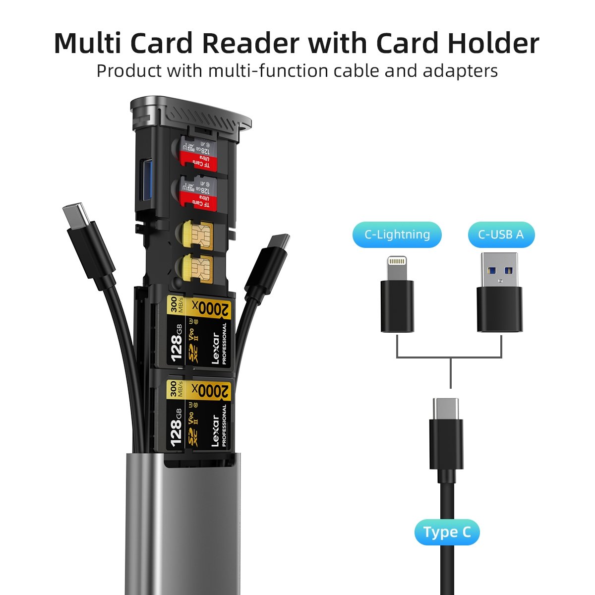 NÖRDIC USB-A 3.1, USB-C 3.1, Lightning-kortlæser og opbevaringsskab 2 slot SD, MicroSD, 1xUSB-A UHS-I