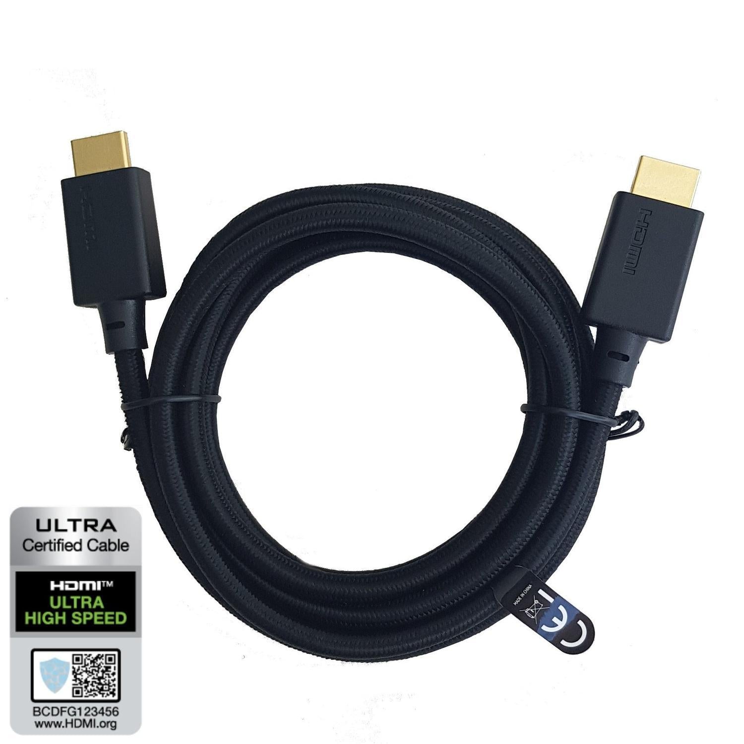 NÖRDIC Certified Cables 1m HDMI2.1 Ultra High Speed 8K 60Hz 4K 120Hz 48Gbps Dynamic HDR Earc Game Mode VRR Dolby atmos nylon Flettet kabel Forgyldt