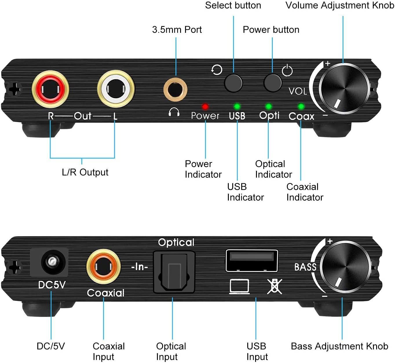 NÖRDIC DAC digital til analog konverter med USB med BASS og volumenkontrol Digital SPDIF Koaksial og USB til Analog L / R og 3,5 mm stereo