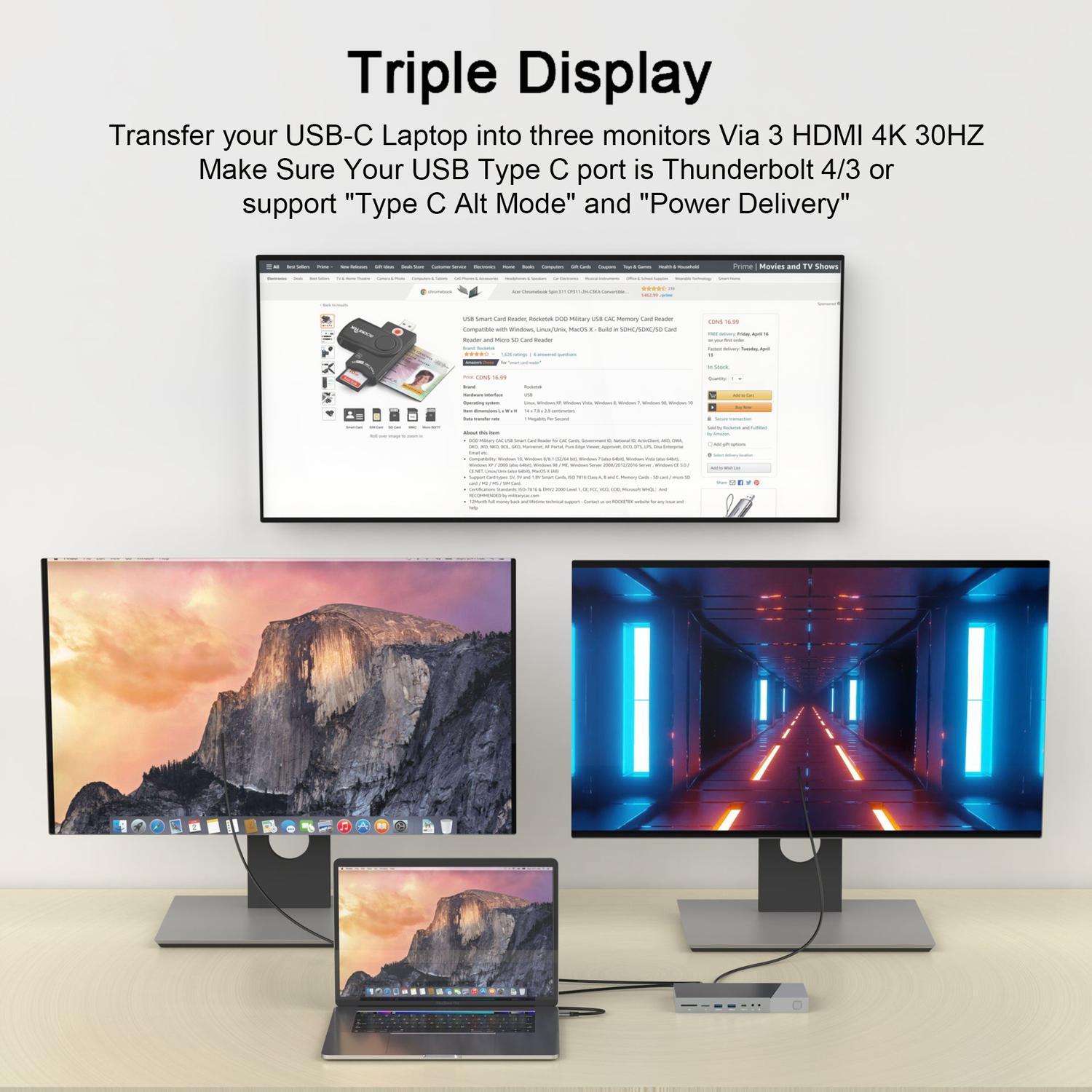 NÖRDIC DisplayLink USB-A & USB-C Dockingstation 1 til 15 til tredobbelte skærme 3xHDMI 4K30Hz til Mac M1 M2 Thunderbolt 3 & 4