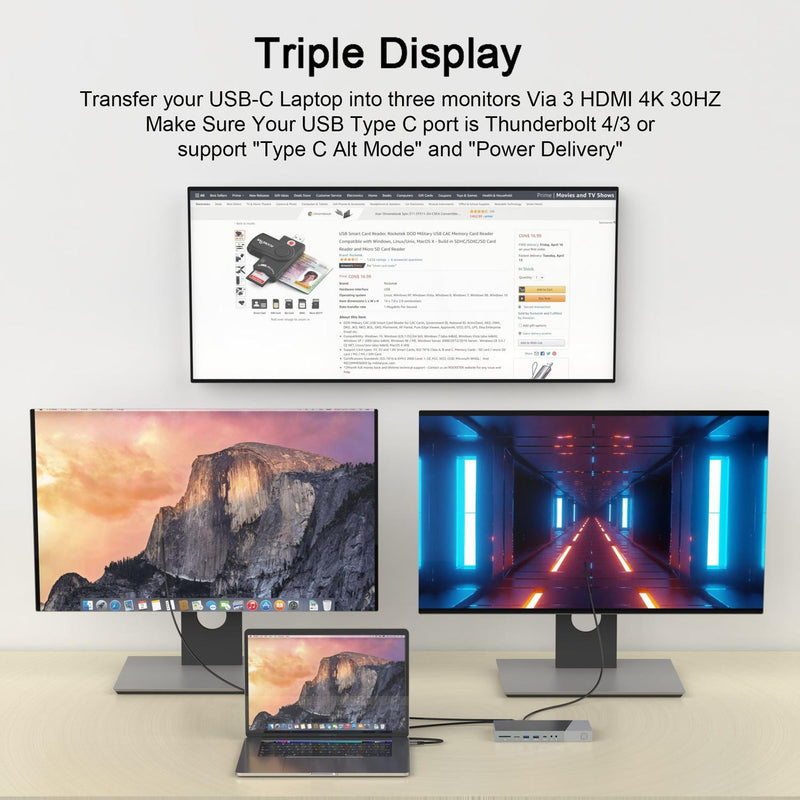 NÖRDIC DisplayLink USB-A & USB-C Dockingstation 1 til 15 til tredobbelte skærme 3xHDMI 4K30Hz til Mac M1 M2 Thunderbolt 3 & 4