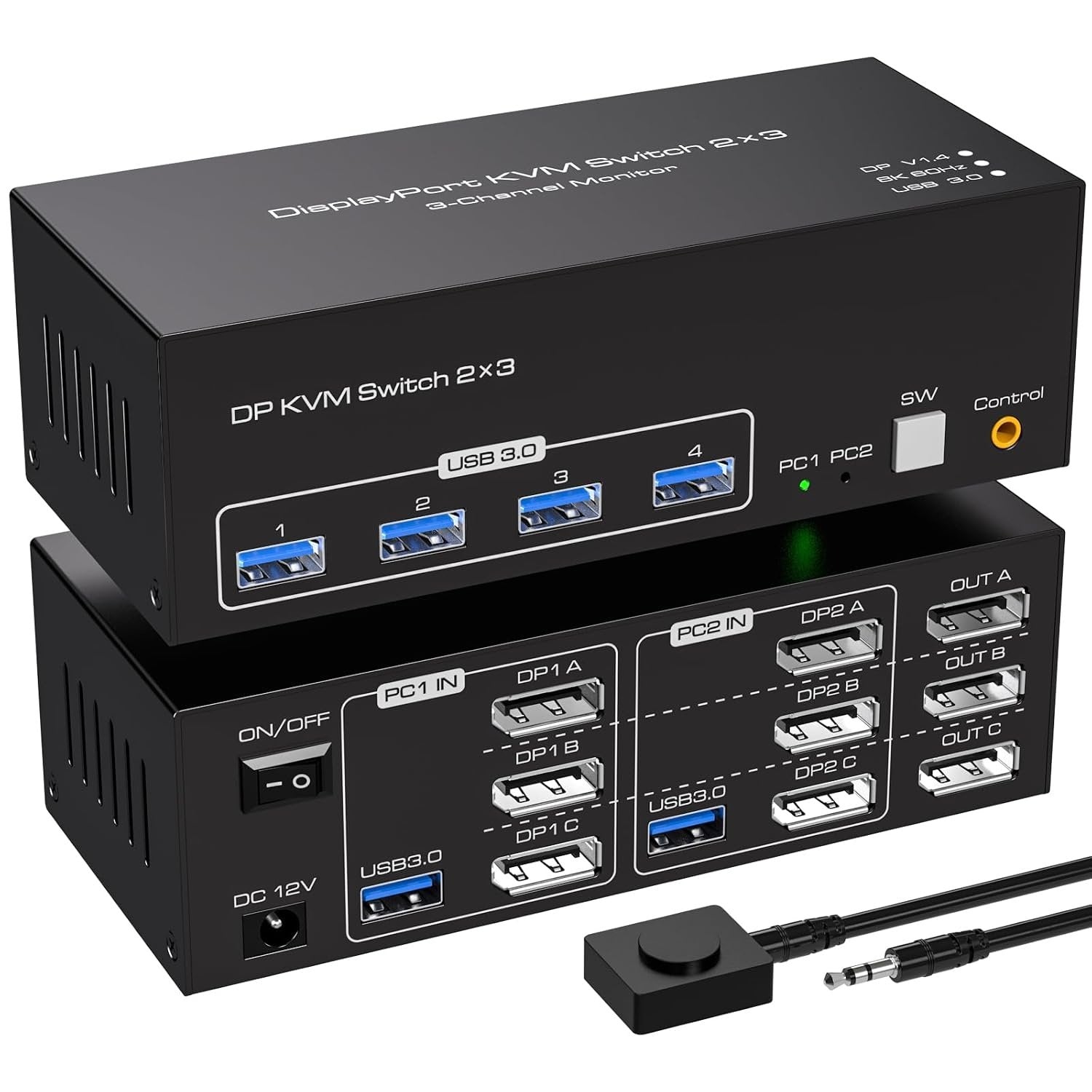 NÖRDIC DisplayPort 1.4 KVM-switch 2 computere 3 skærme 8K60Hz 4K144Hz triple skærm 4 USB 3.0 til 2 PC'er deler 3 skærme