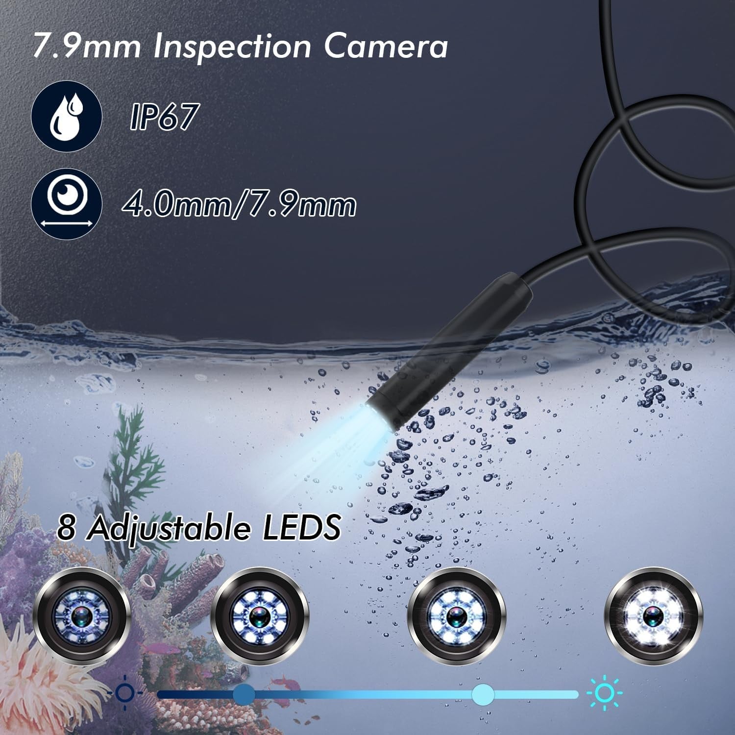 NÖRDIC Endoskopkamera til mobiltelefon med lys, 1080P HD, 8 LED-lys, vandtæt IP67, ingen WiFi nødvendig, Android og iOS