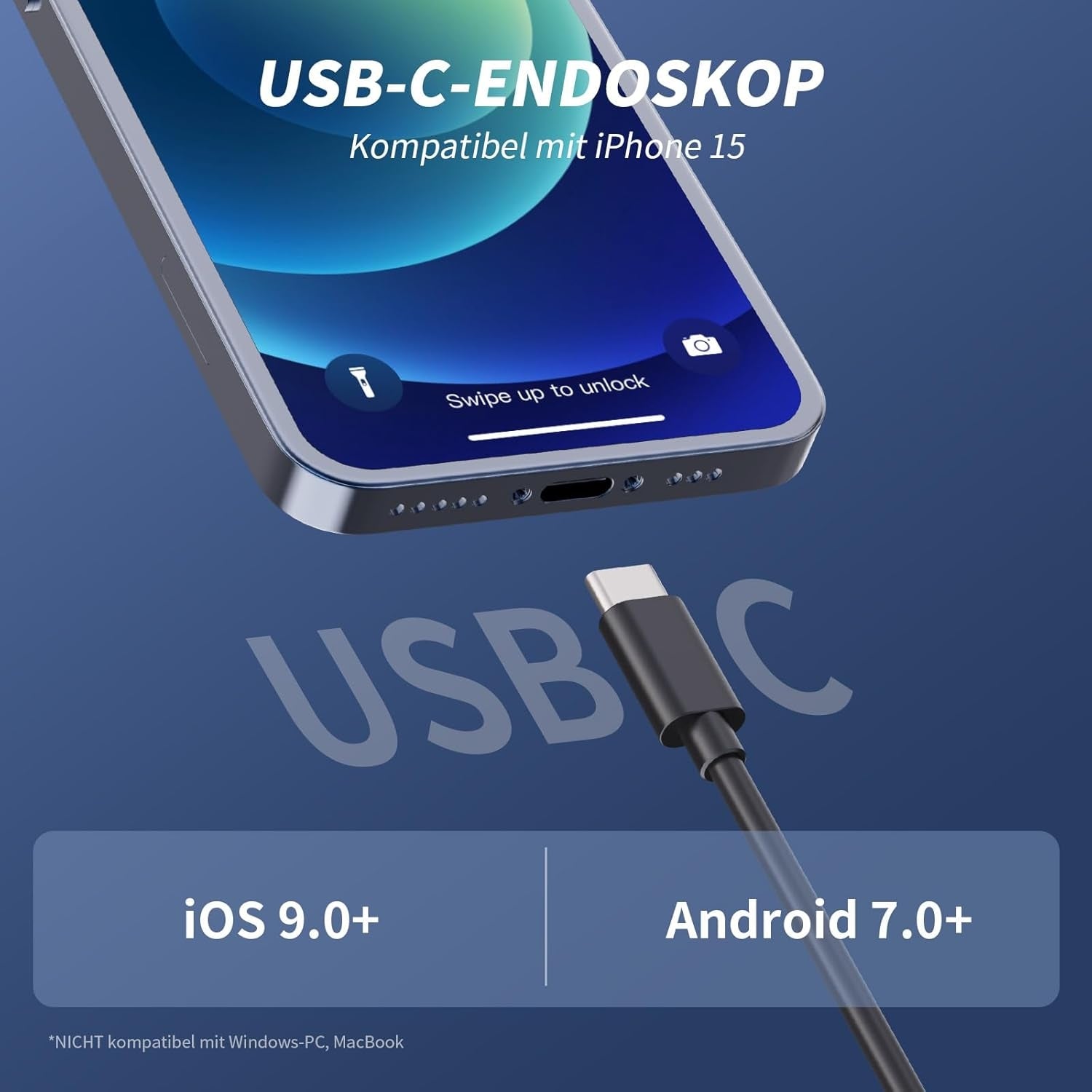 NÖRDIC Endoskopkamera til mobiltelefon med lys, 1080P HD, 8 LED-lys, vandtæt IP67, ingen WiFi nødvendig, Android og iOS