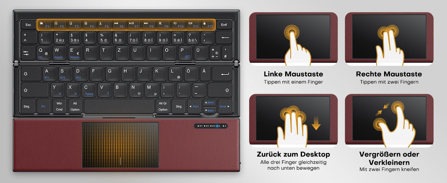 NÖRDIC foldbart Bluetooth-tastatur med touchpad til iOS, Android, Windows, laptop, PC, tablet og smartphone, US layout