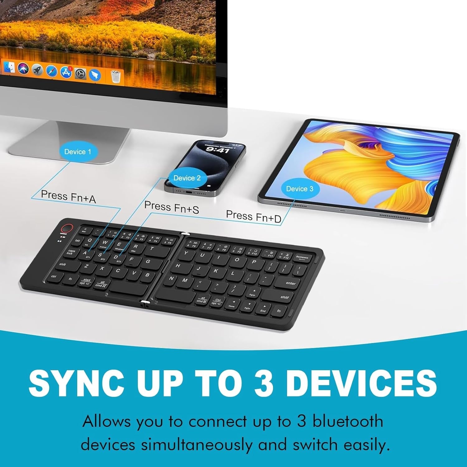 NÖRDIC Foldbart Slim Bluetooth-tastatur i lommestørrelse, kompatibelt med iOS, Android og Windows, til smartphone, tablet, iPad, iPhone og laptop, US-layout