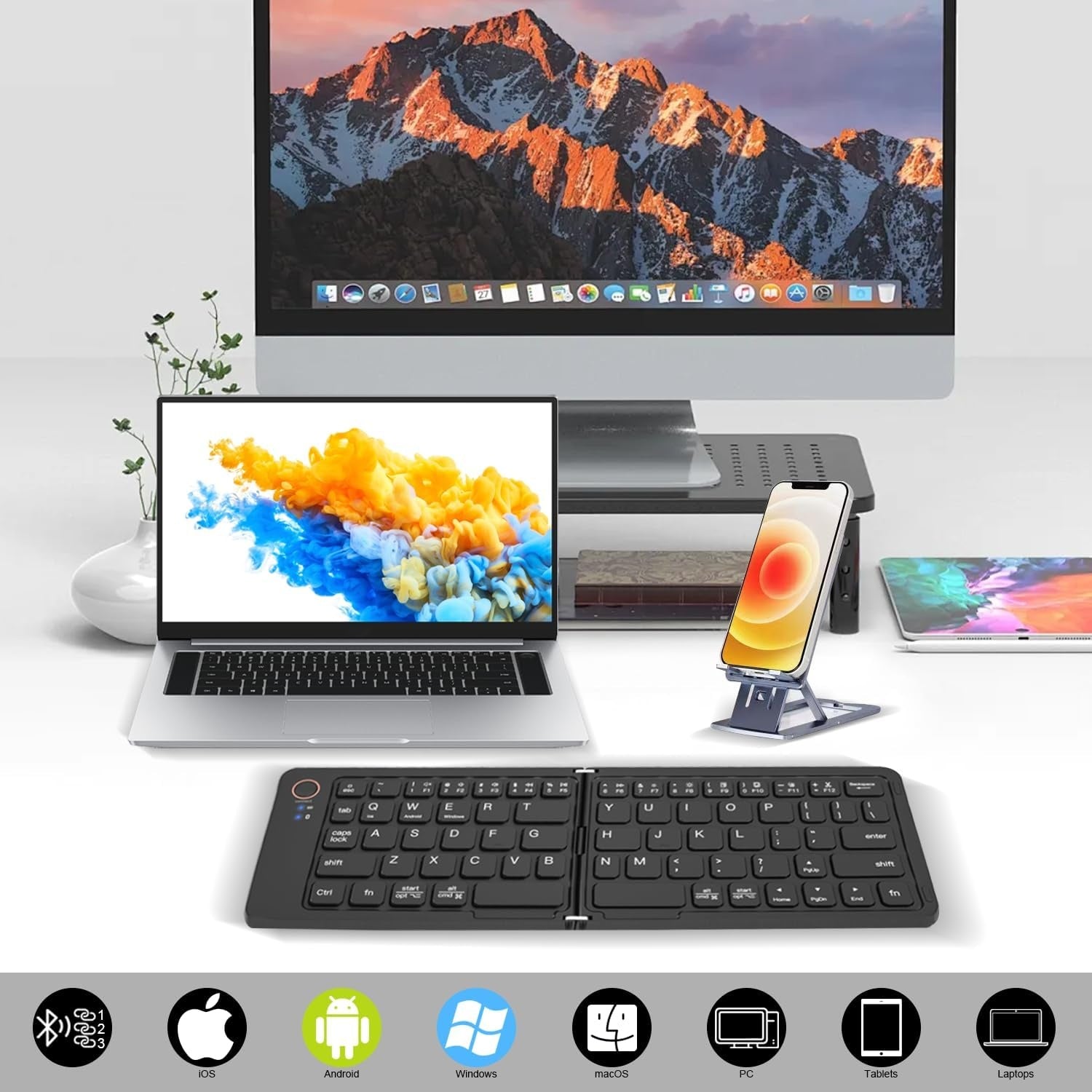NÖRDIC Foldbart Slim Bluetooth-tastatur i lommestørrelse, kompatibelt med iOS, Android og Windows, til smartphone, tablet, iPad, iPhone og laptop, US-layout