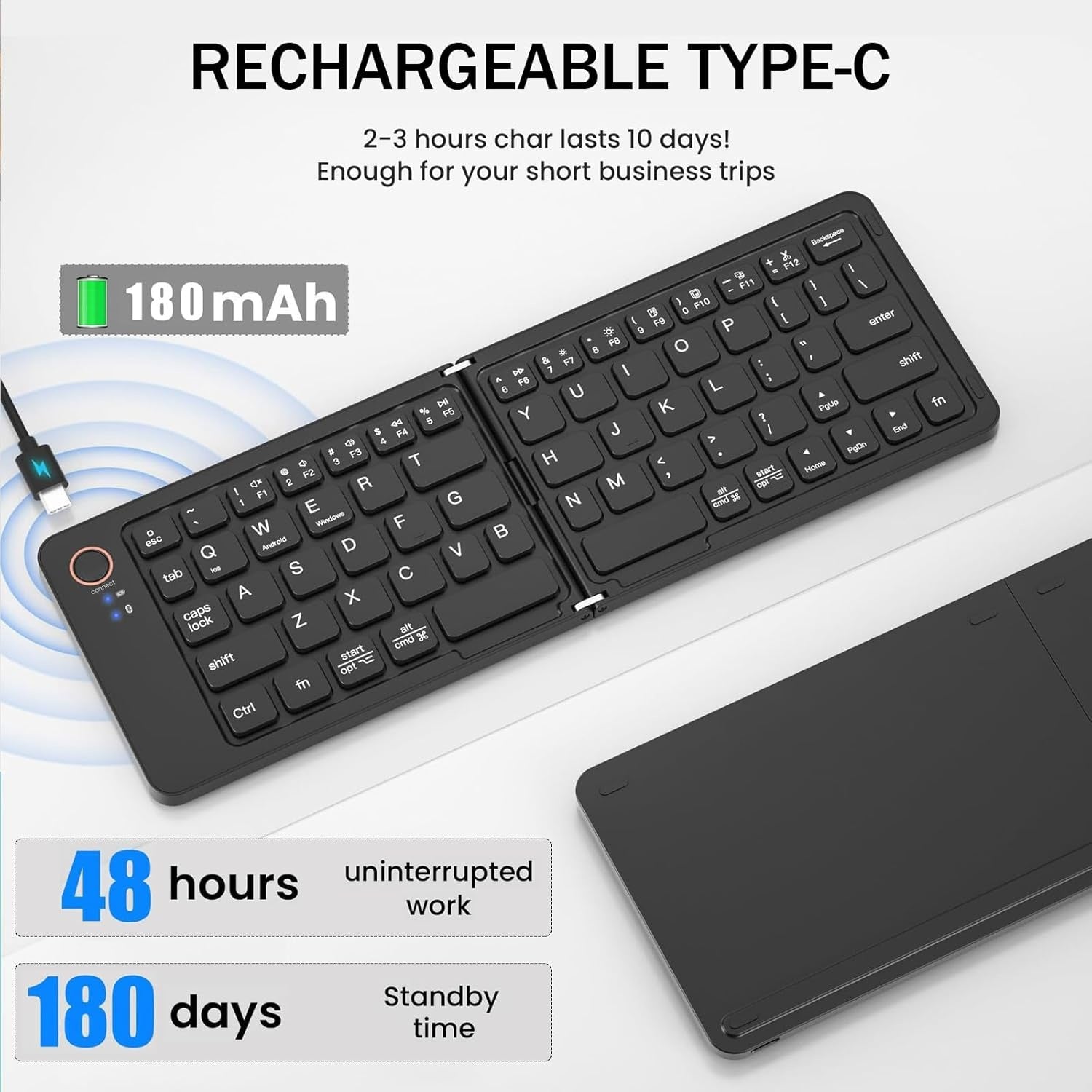NÖRDIC Foldbart Slim Bluetooth-tastatur i lommestørrelse, kompatibelt med iOS, Android og Windows, til smartphone, tablet, iPad, iPhone og laptop, US-layout