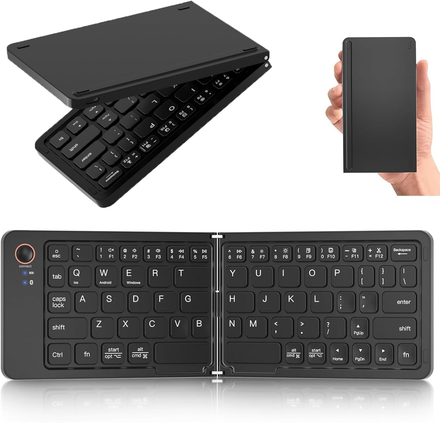 NÖRDIC Foldbart Slim Bluetooth-tastatur i lommestørrelse, kompatibelt med iOS, Android og Windows, til smartphone, tablet, iPad, iPhone og laptop, US-layout
