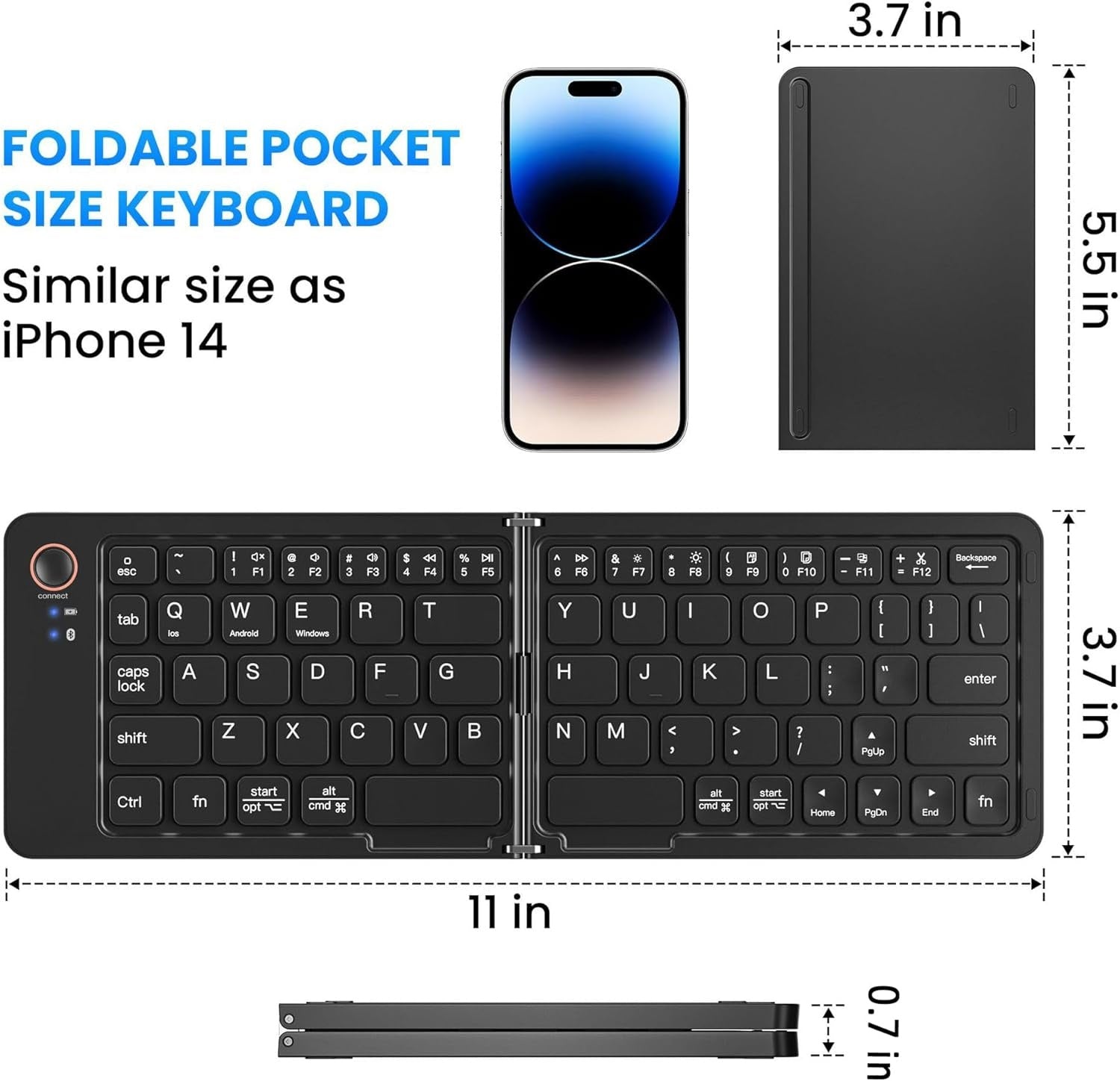 NÖRDIC Foldbart Slim Bluetooth-tastatur i lommestørrelse, kompatibelt med iOS, Android og Windows, til smartphone, tablet, iPad, iPhone og laptop, US-layout