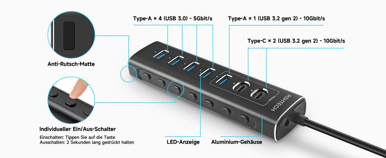 NÖRDIC GEN 3.2 USB-C og USB-A drevet Hubb 7-porte 3x10Gbps 4x5Gbps 1m kabel individuel switch