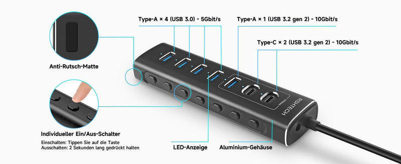 NÖRDIC GEN 3.2 USB-C og USB-A drevet Hubb 7-porte 3x10Gbps 4x5Gbps 1m kabel