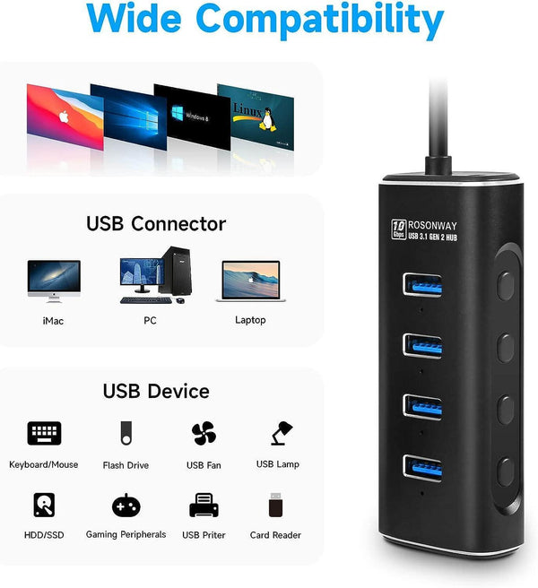 NÖRDIC Gen2 3.2 USB-A 4-ports Powered Hub 10Gbps 1m kabel individuel switch