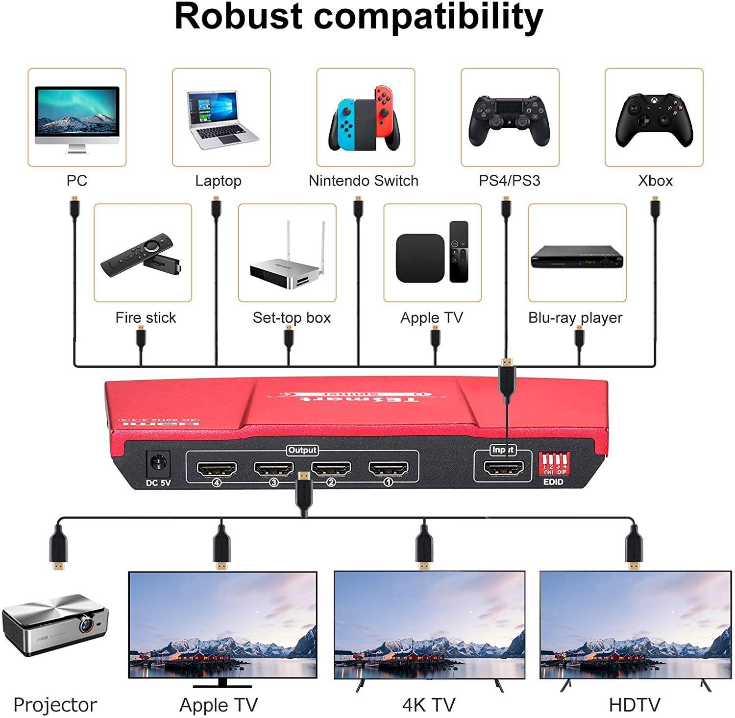 NÖRDIC HDMI 2.0 4K 60Hz 4: 4: 4 splitter 1-4 EDID 18Gbps CEC HDR, Dolby og DTS, LPCM7.1 Metal