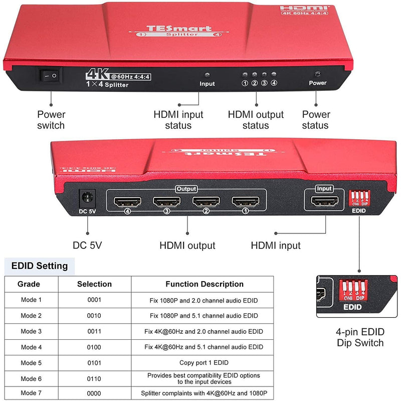 NÖRDIC HDMI 2.0 4K 60Hz 4: 4: 4 splitter 1-4 EDID 18Gbps CEC HDR, Dolby og DTS, LPCM7.1 Metal