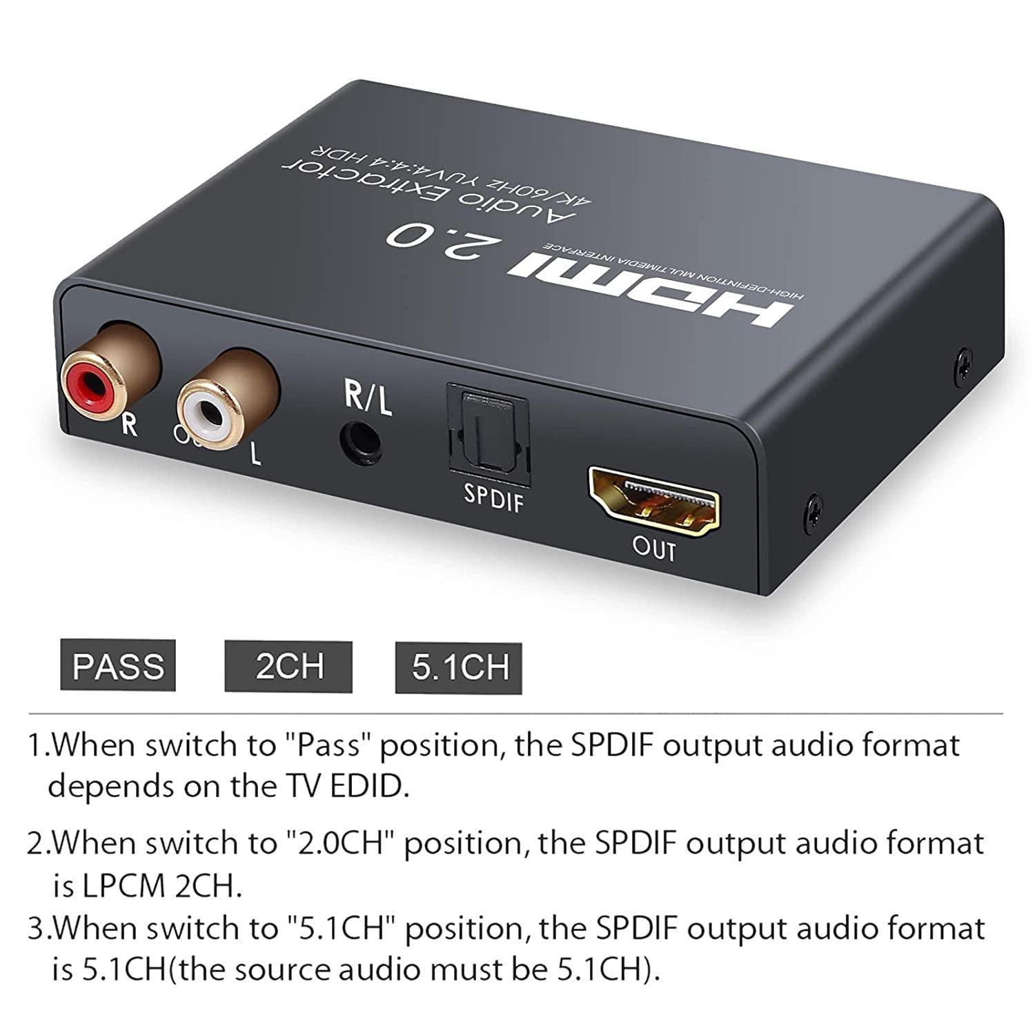 NÖRDIC HDMI 2.0 bue 4k 60Hz HDR Extractor YUV4: 4: 4 HDMI input til HDMI, SPDIF, R / L og AUX OUTPUT ARC konverter