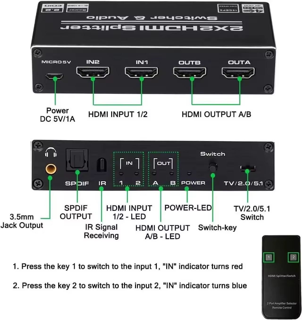 NÖRDIC HDMI 4K 60Hz Splitter 2x2 with Audio SPDIF and Stereo with remote control