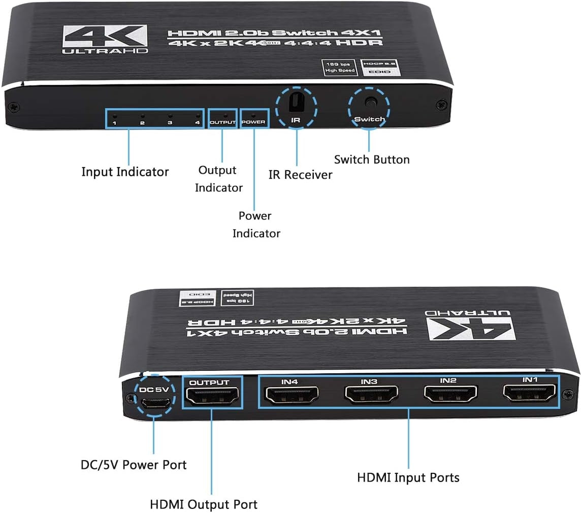 NÖRDIC HDMI 2.0 4x1 Switch 4K60Hz med fjernbetjening
