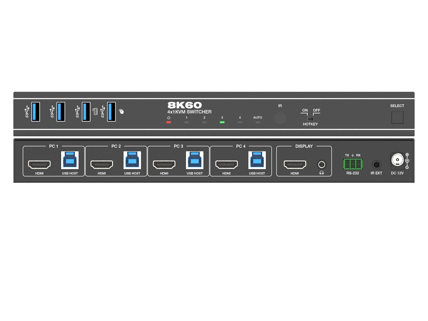 NÖRDIC HDMI 8K60Hz KVM-switch 4 til 1 understøtter UltraWide-skærm