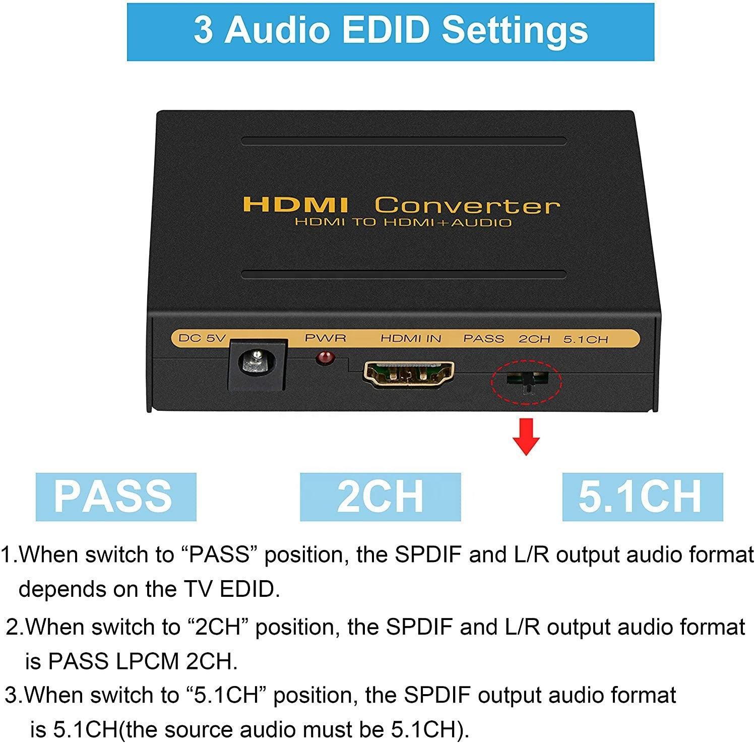 NÖRDIC HDMI Audio Extractor 5.1 og 2.0, 1xHDMI input til 1xHDMI Full HD, og 1xToslink 2xRCA output. Støtte til Xbox One, PS3 / PS4 og Apple TV.