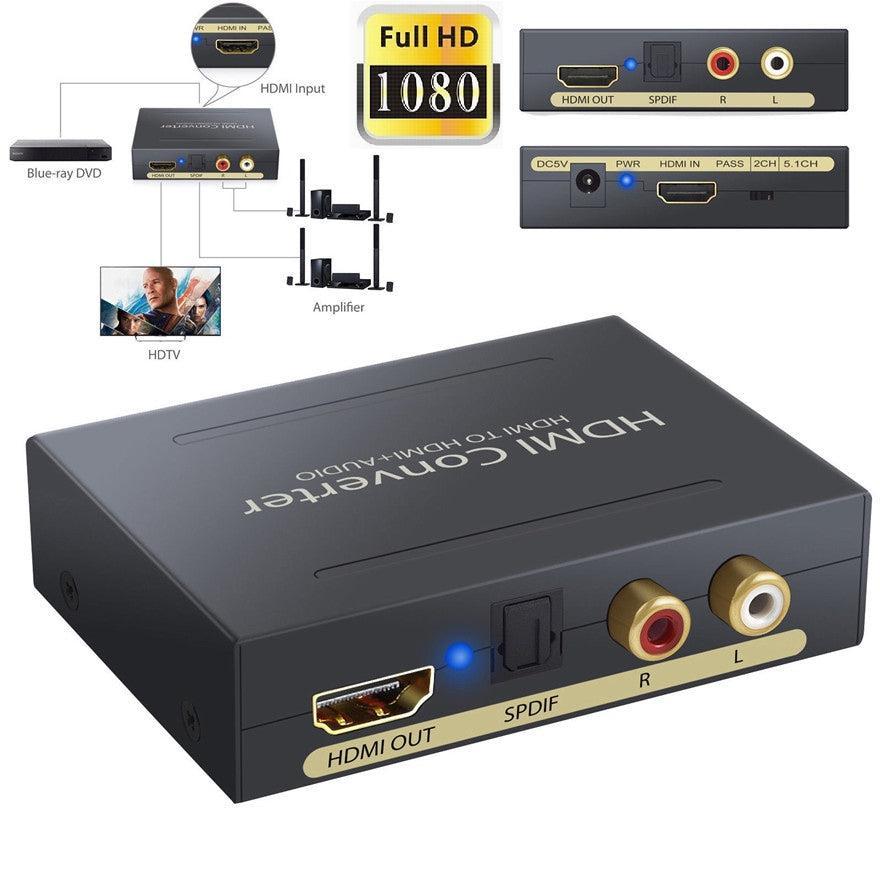 NÖRDIC HDMI Audio Extractor 5.1 og 2.0, 1xHDMI input til 1xHDMI Full HD, og 1xToslink 2xRCA output. Støtte til Xbox One, PS3 / PS4 og Apple TV.