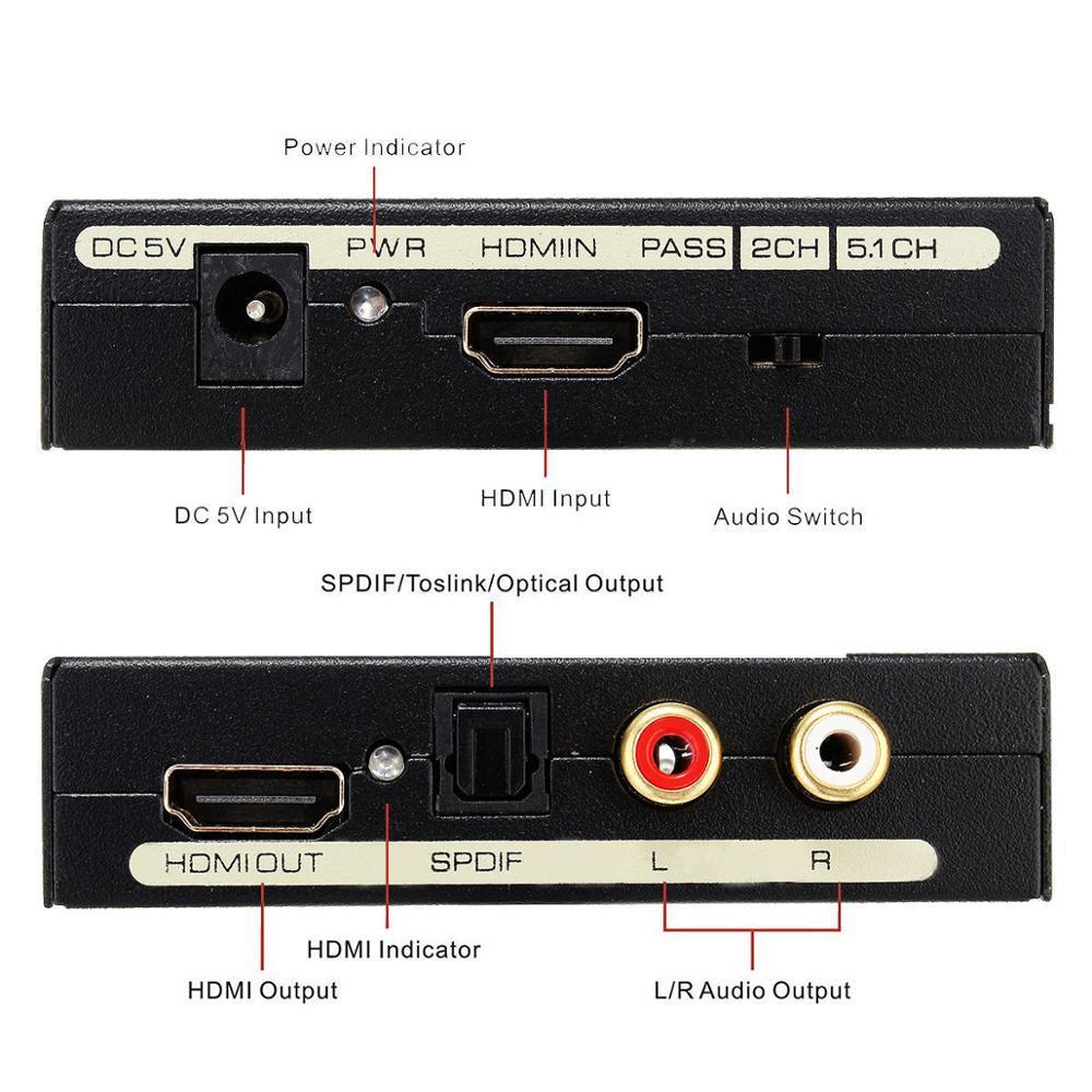 NÖRDIC HDMI Audio Extractor 5.1 og 2.0, 1xHDMI input til 1xHDMI Full HD, og 1xToslink 2xRCA output. Støtte til Xbox One, PS3 / PS4 og Apple TV.