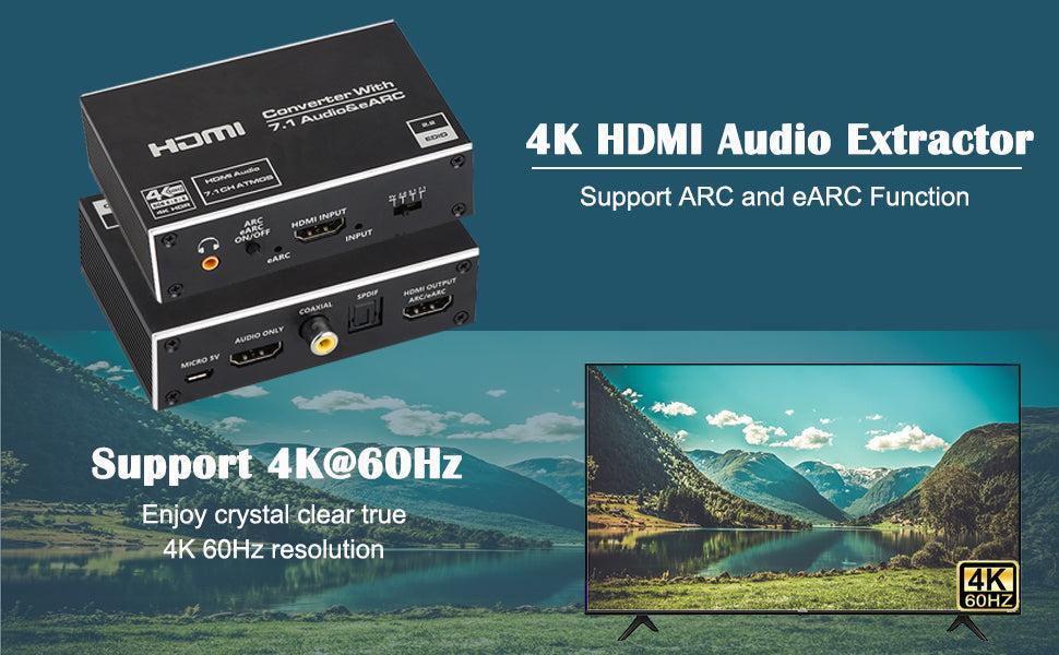 NÖRDIC HDMI Extractor 4K60Hz HDMI til HDMI + Optisk Toslink + Koaksial + 3,5 mm lyd + 7,1 CH HDMI-understøttelse af eARC / ARC HDR Dolby ATMOS