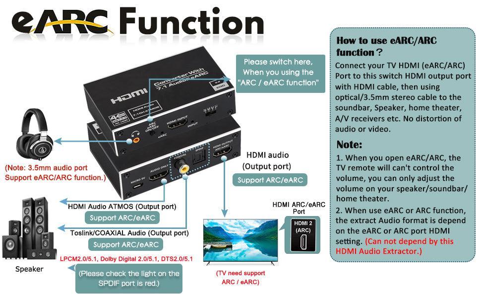 NÖRDIC HDMI Extractor 4K60Hz HDMI til HDMI + Optisk Toslink + Koaksial + 3,5 mm lyd + 7,1 CH HDMI-understøttelse af eARC / ARC HDR Dolby ATMOS