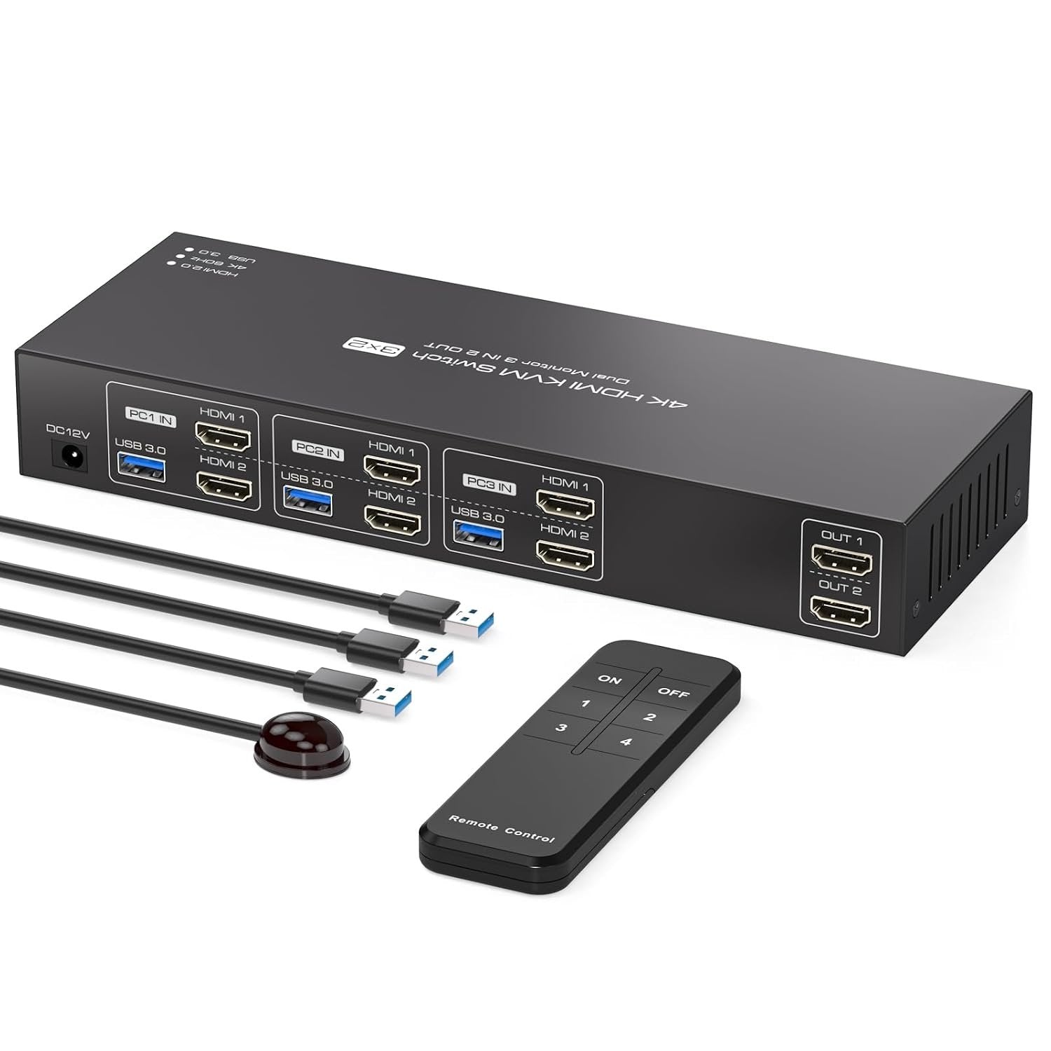 NÖRDIC HDMI KVM-switch 3 computere 2 skærme 4K60Hz EDID 4 USB 3.0 porte med fjernbetjening