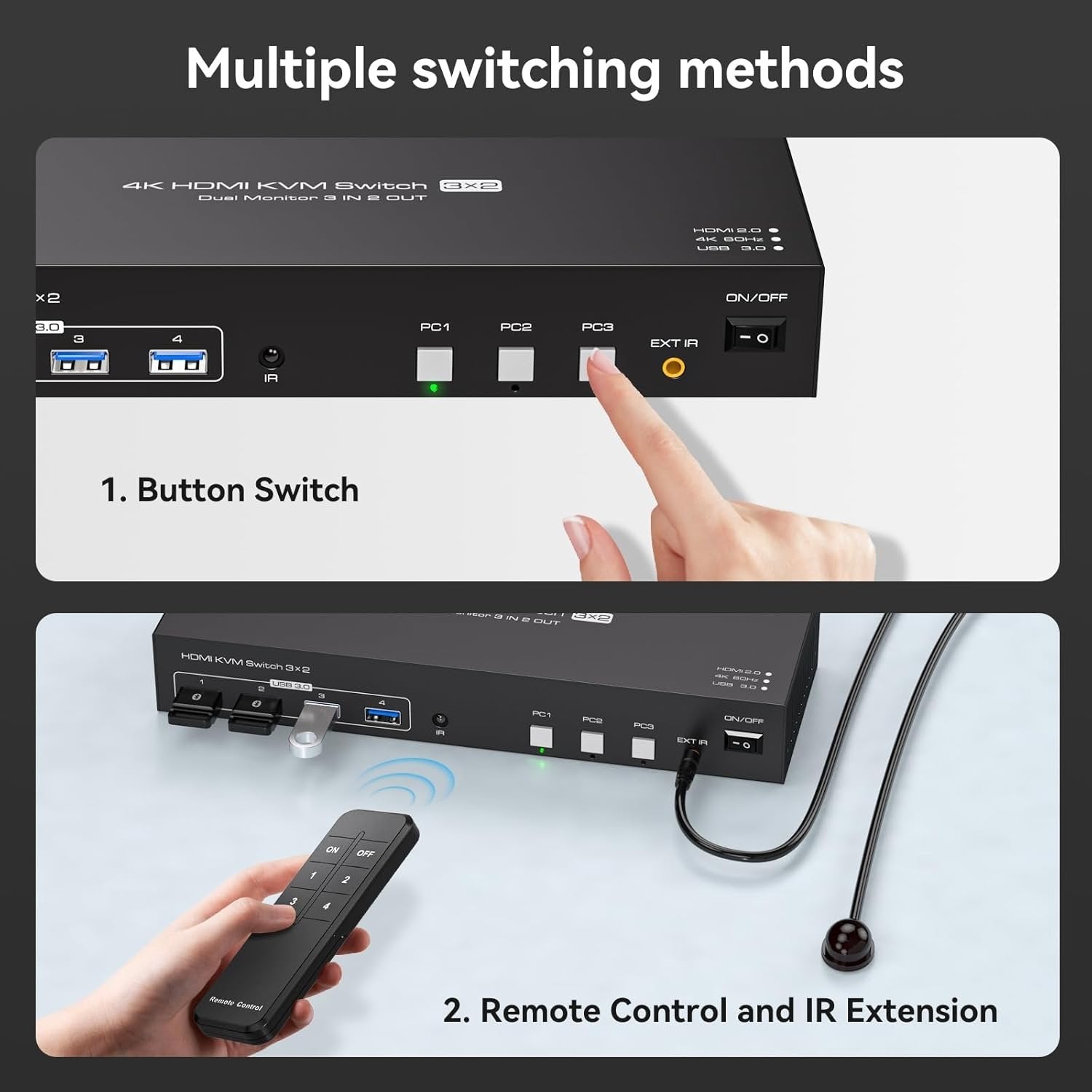 NÖRDIC HDMI KVM-switch 3 computere 2 skærme 4K60Hz EDID 4 USB 3.0 porte med fjernbetjening