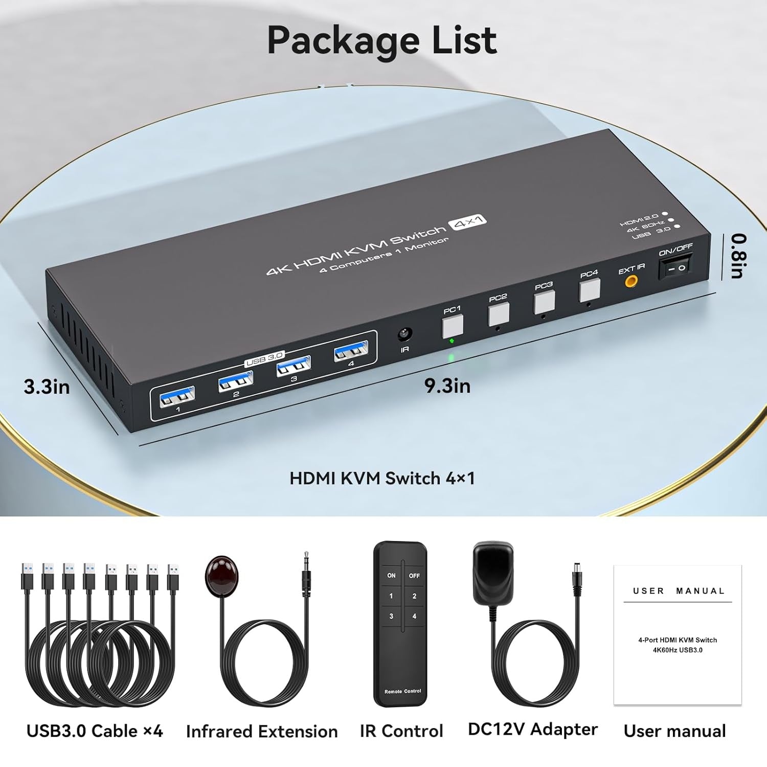 NÖRDIC HDMI KVM Switch 4 Computers EDID 4K60Hz  4xUSB3.0 4 PC Sharing 1 Monitor and 4 USB 3.0 Devices with Controller