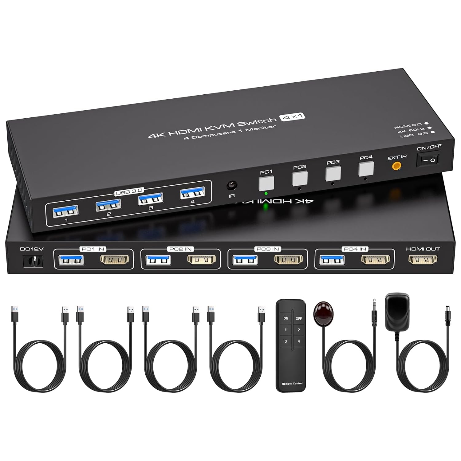 NÖRDIC HDMI KVM-switch 4 computere 1 skærm 4K 60Hz 1080p 120Hz 4xUSB-enheder