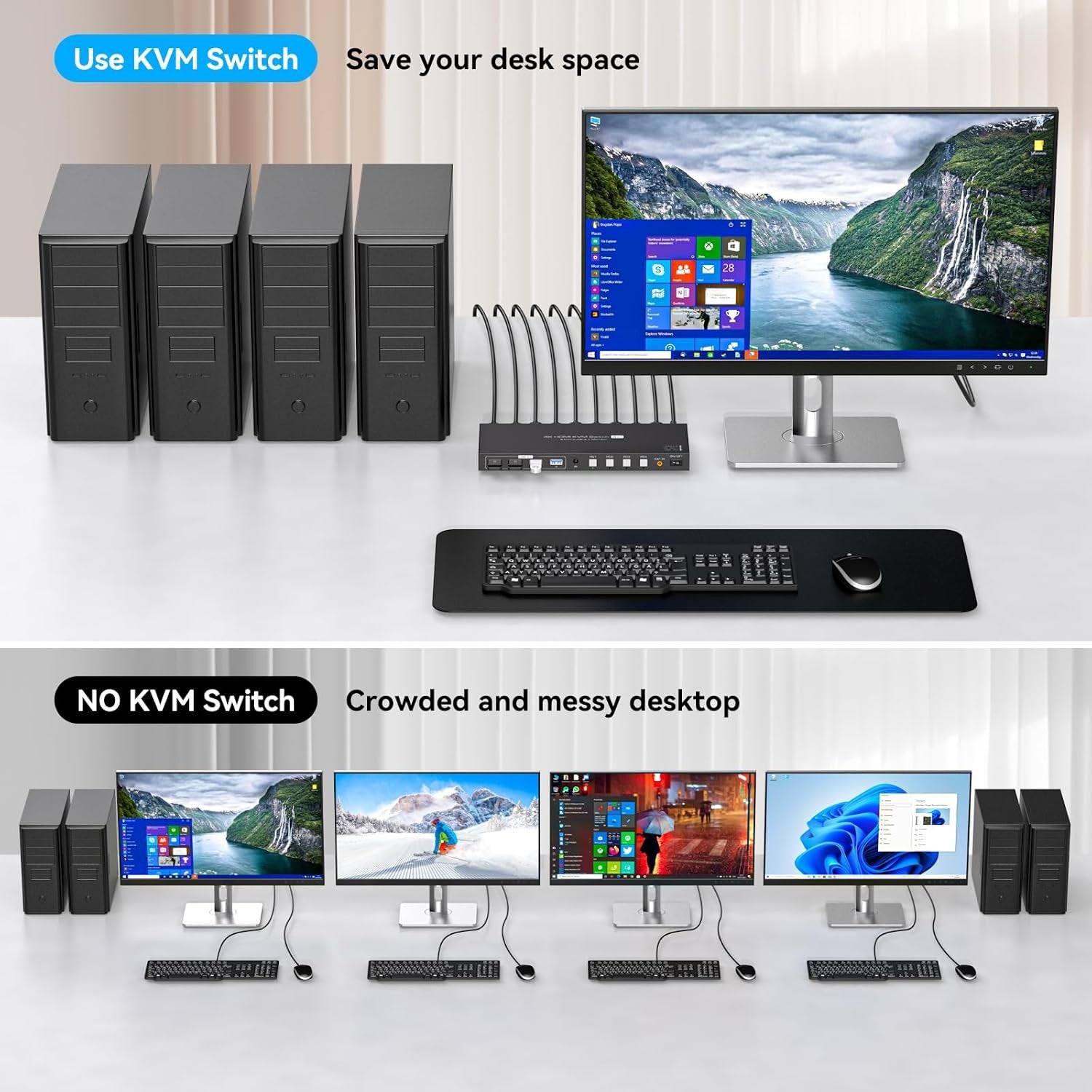 NÖRDIC HDMI KVM-switch 4 computere 1 skærm 4K 60Hz 1080p 120Hz 4xUSB-enheder