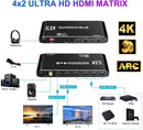 NÖRDIC HDMI Matrix Switch 4 på 2 med lyd emhætte og ARC, i 4Kx2K 60Hz, YUV 4: 4: 4 18Gbps HDCP 2.2, 5.1 surround, Metal