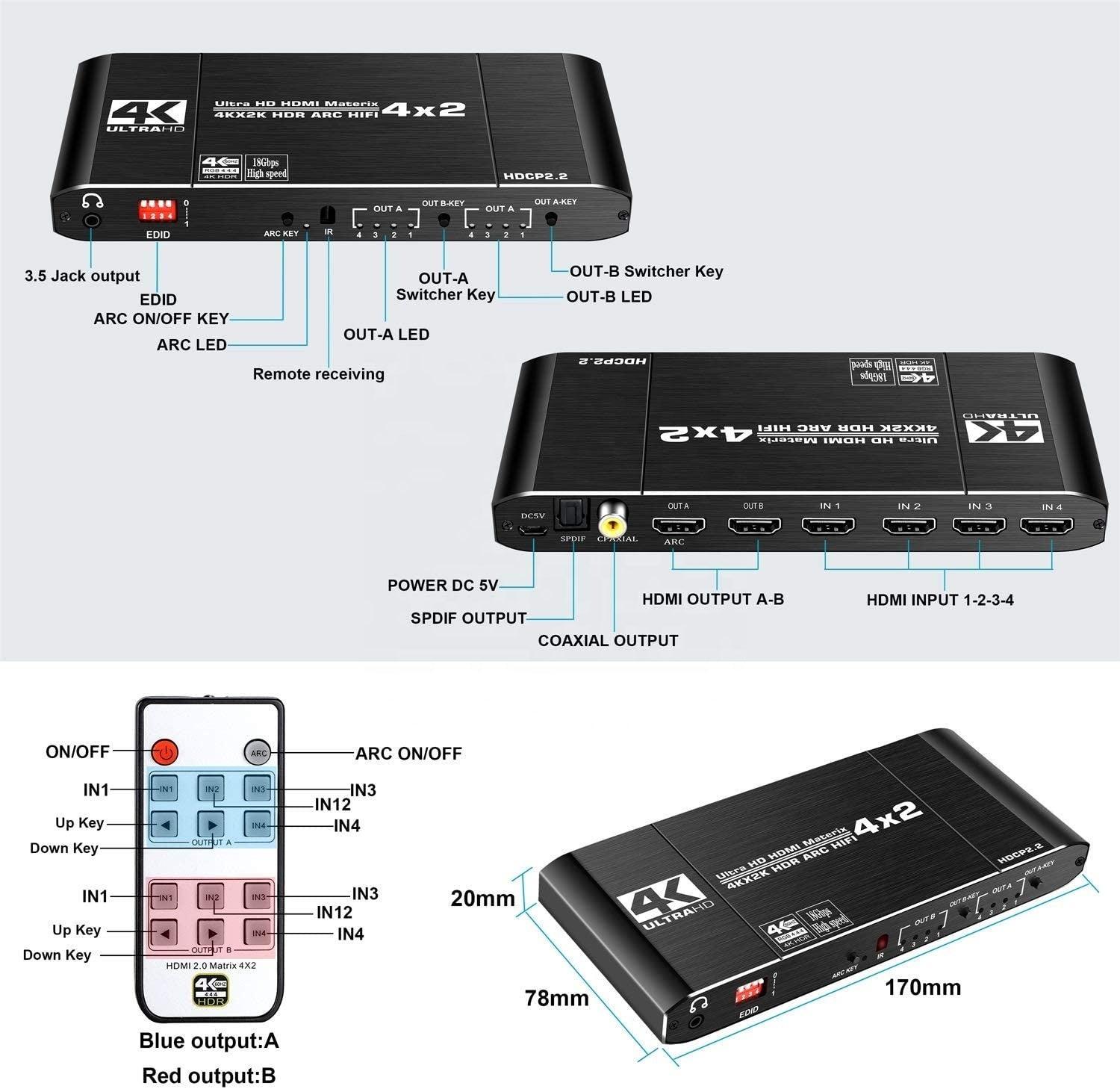 NÖRDIC HDMI Matrix Switch 4 på 2 med lyd emhætte og ARC, i 4Kx2K 60Hz, YUV 4: 4: 4 18Gbps HDCP 2.2, 5.1 surround, Metal