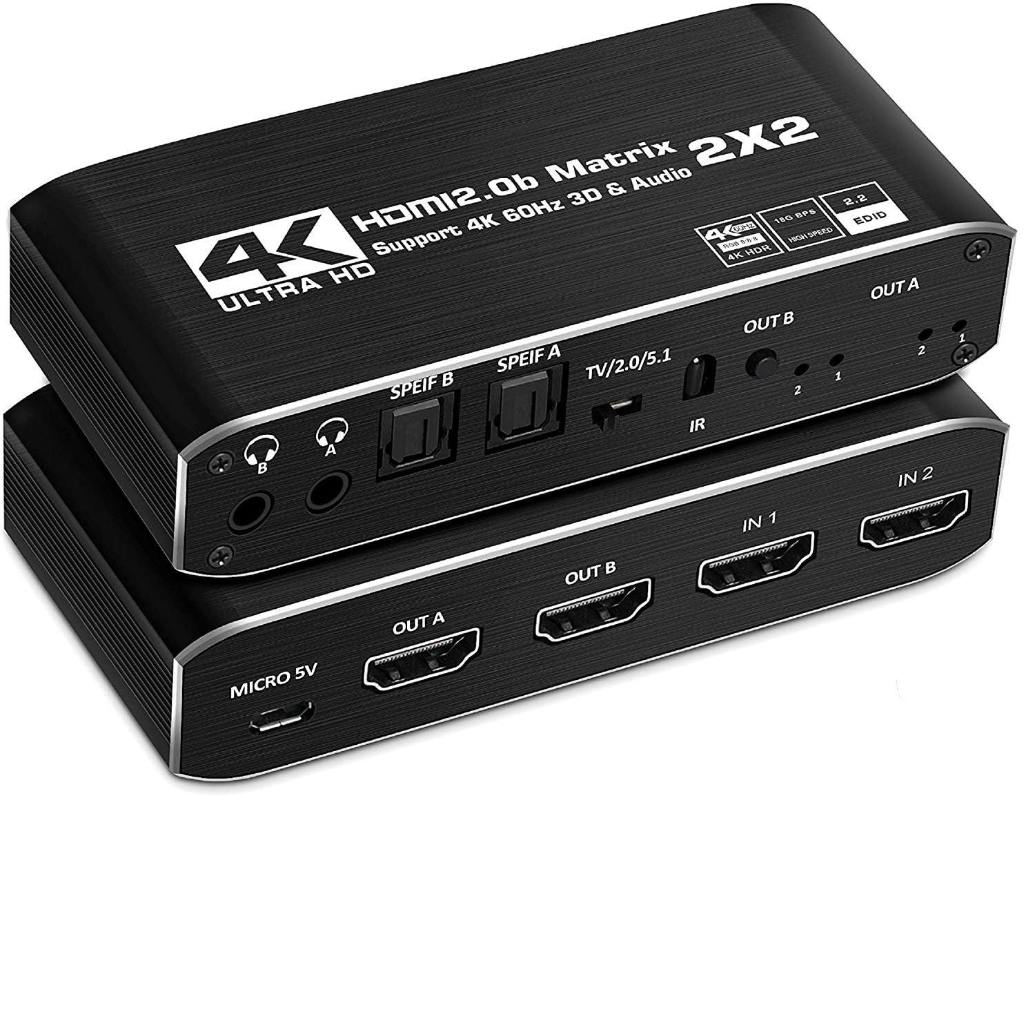 NÖRDIC HDMI Matrix switch 2X2 med udtrækker 4K60Hz RGB 8: 8: 8 18Gbps 3D HDR HDCP2.2