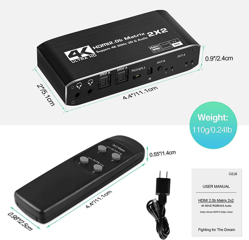 NÖRDIC HDMI Matrix switch 2X2 med udtrækker 4K60Hz RGB 8: 8: 8 18Gbps 3D HDR HDCP2.2