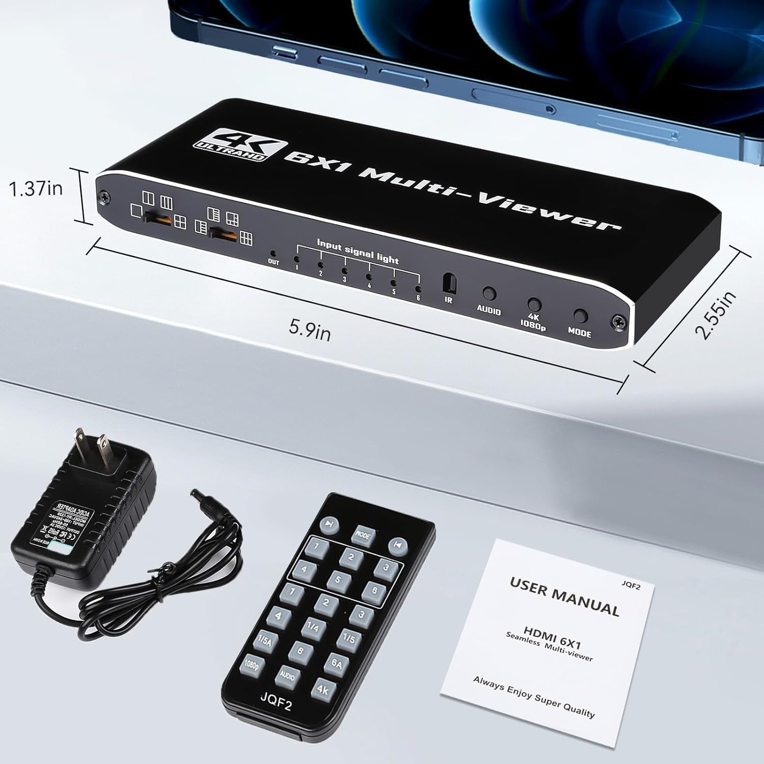 NÖRDIC HDMI Multi-Viewer 6 in 1 Out Sømløs Switcher 1080P HDMI HUB-switch til flere indgange, splitter til flere skærme