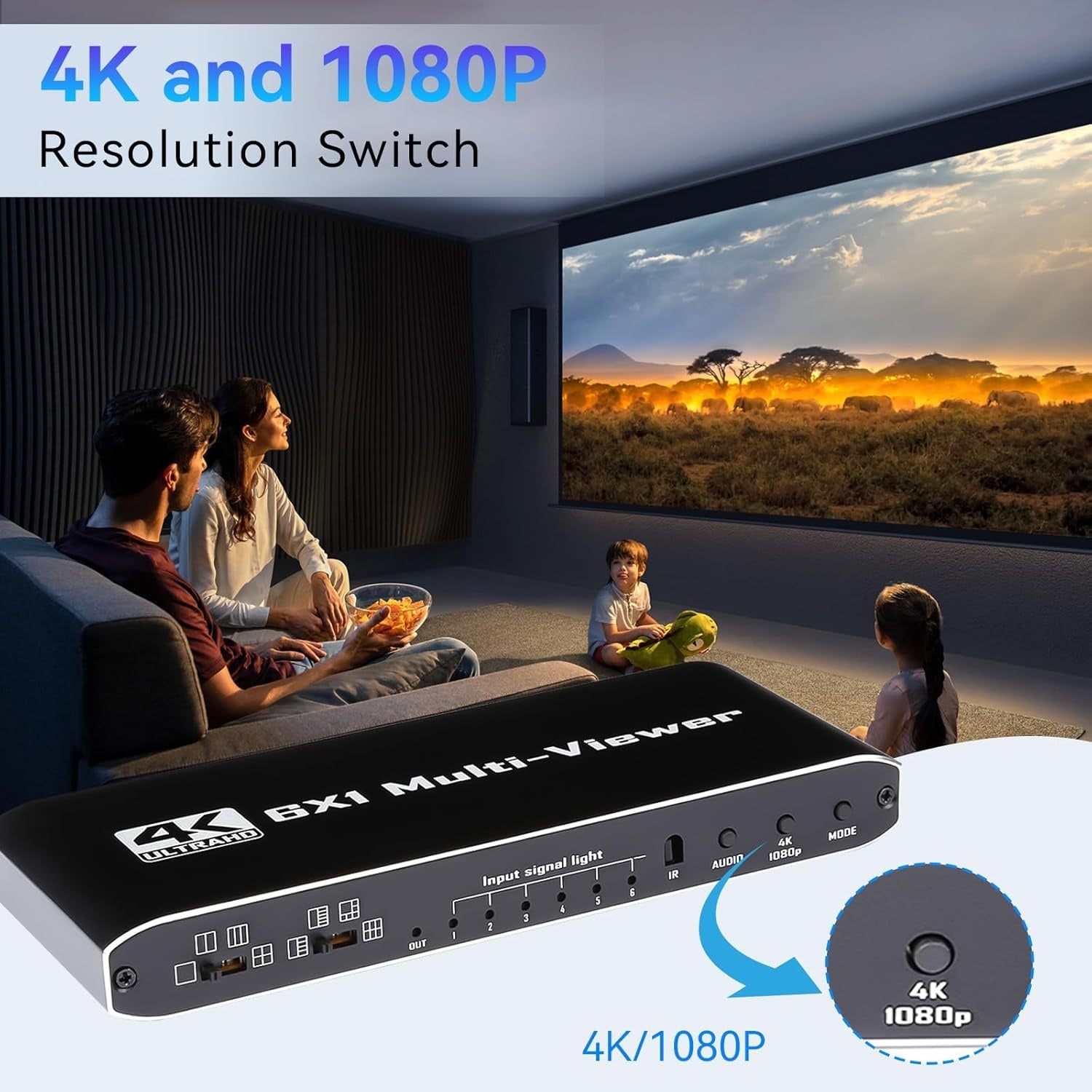 NÖRDIC HDMI Multi-Viewer 6 in 1 Out Sømløs Switcher 1080P HDMI HUB-switch til flere indgange, splitter til flere skærme