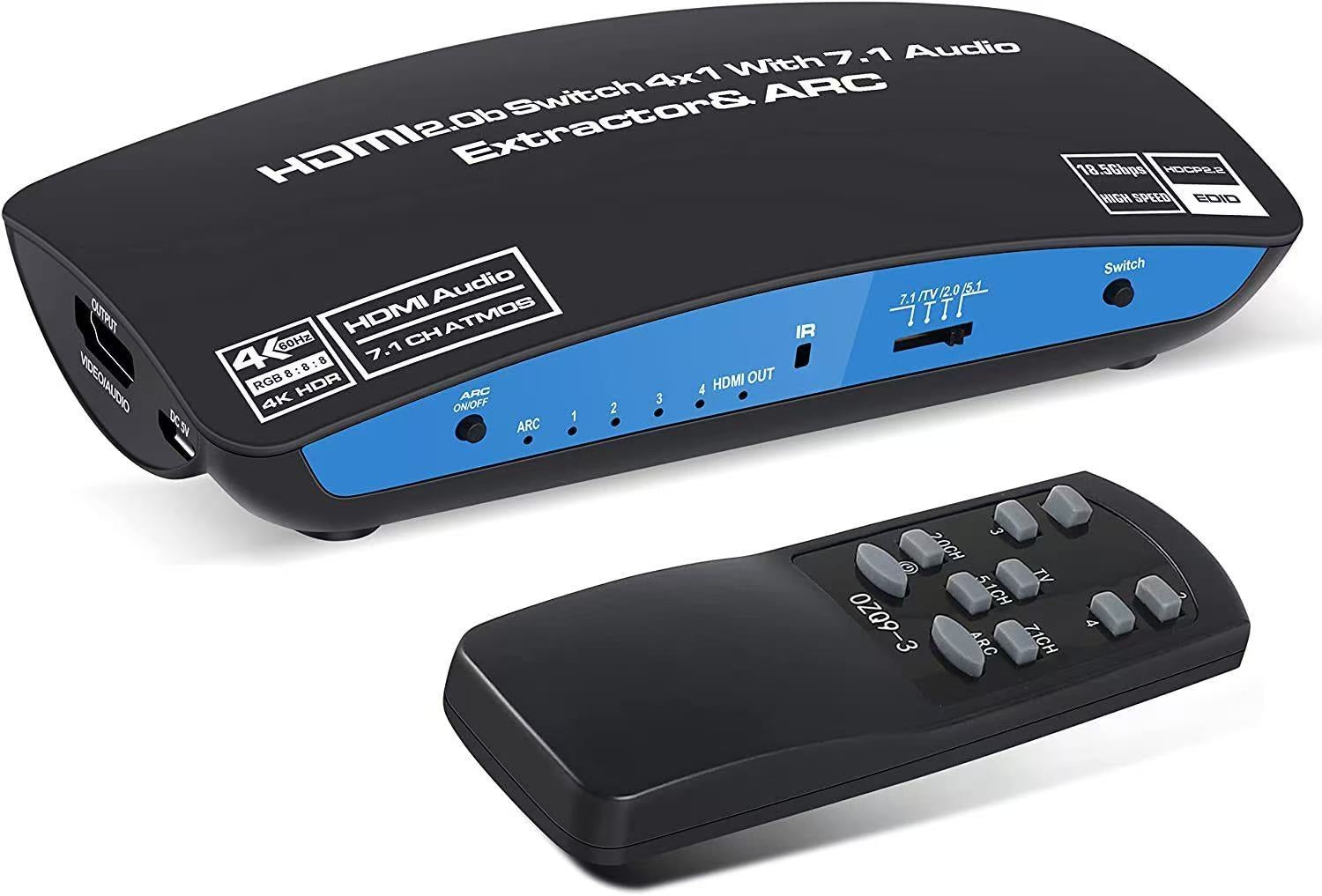 NÖRDIC HDMI Switch 4 til 1 med 7.1 lydudtrækker ARC SPDIF stereo 3,5 mm lyd 4K60hz EDID HDCP2.2 3D HDR10 18 Gbps