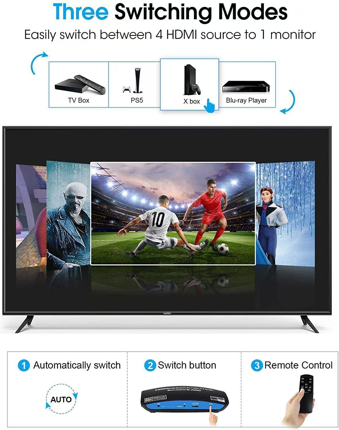 NÖRDIC HDMI Switch 4 til 1 med 7.1 lydudtrækker ARC SPDIF stereo 3,5 mm lyd 4K60hz EDID HDCP2.2 3D HDR10 18 Gbps