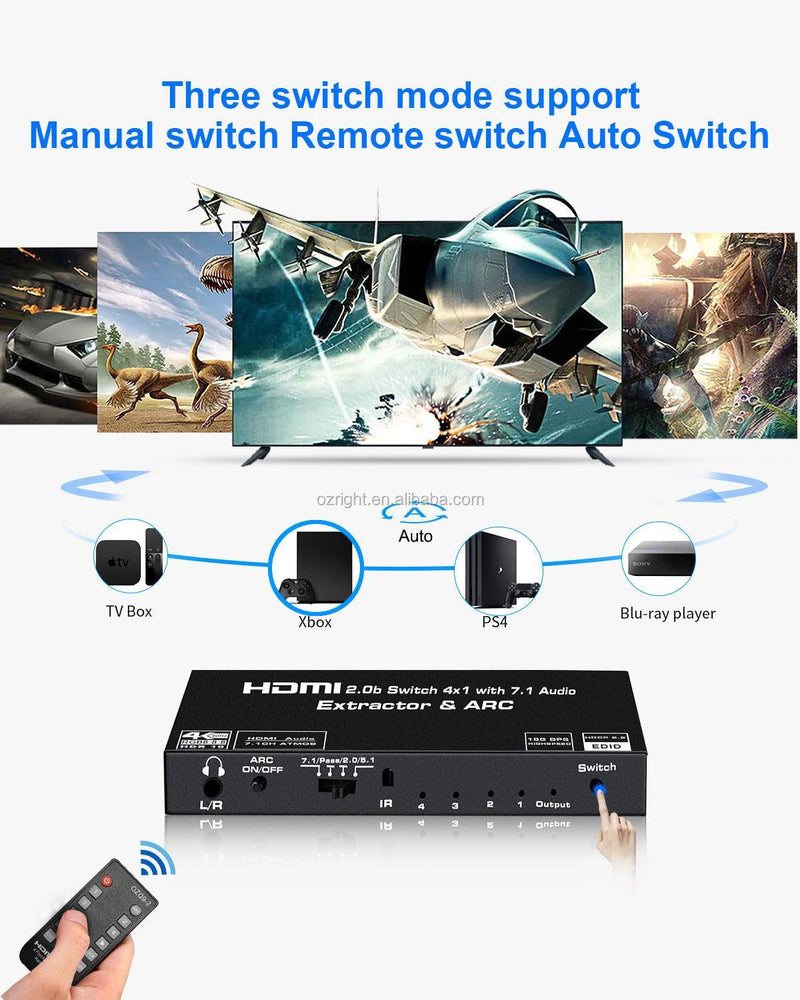 NÖRDIC HDMI Switch 4 til 1 med 7.1 lydudtrækker ARC SPDIF stereo 3,5 mm lyd 4K60hz HDCP2.2 3D HDR10 18 Gbps