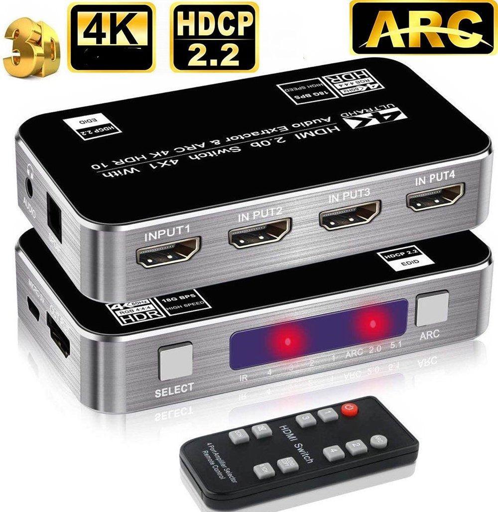 NÖRDIC HDMI Switch 4 til 1 med lyd emhætte og ARC 4K60Hz MHL Dolby Ægte SPDIF stereo 3D