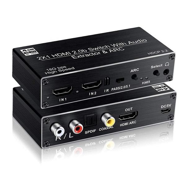 NÖRDIC HDMI skifte 2 til 1 med Lydudtrækkeren og ARC 4K 60Hz SPDIF Coaxial RCA L / R stereo