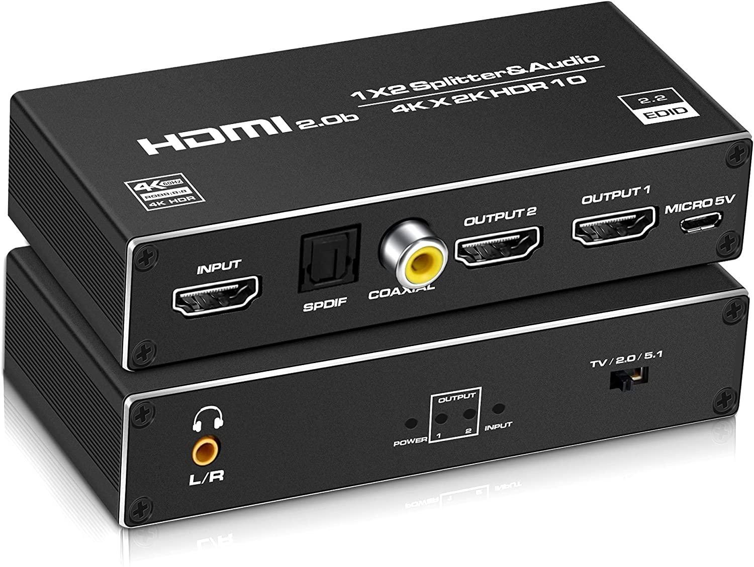 NÖRDIC HDMI splitter 1 til 2 med Audio Extractor 4K60Hz HDCP2.3 HDR10 Toslink SPDIF + Koaksial + 3,5 mm lyd