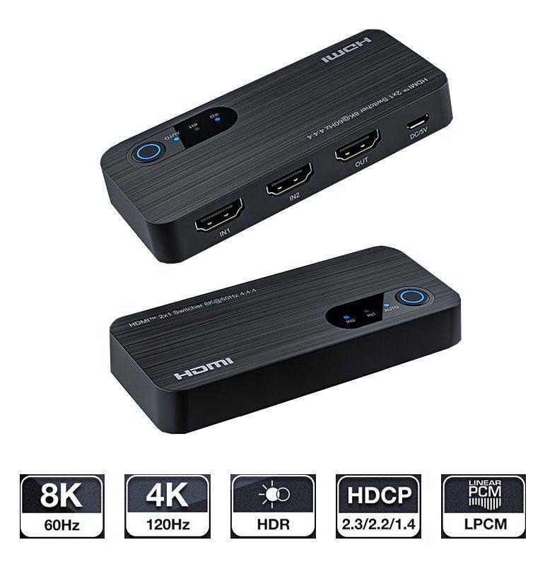 NÖRDIC HDMI switch 2 til 1 8K60Hz 4K120Hz 48Gbps HDR HDCP2.3 Surround 7.1 CEC